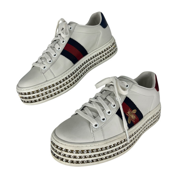 Gucci Ace Web Platform Crystal Embellished Leather Sneakers - Picture 2 of 16
